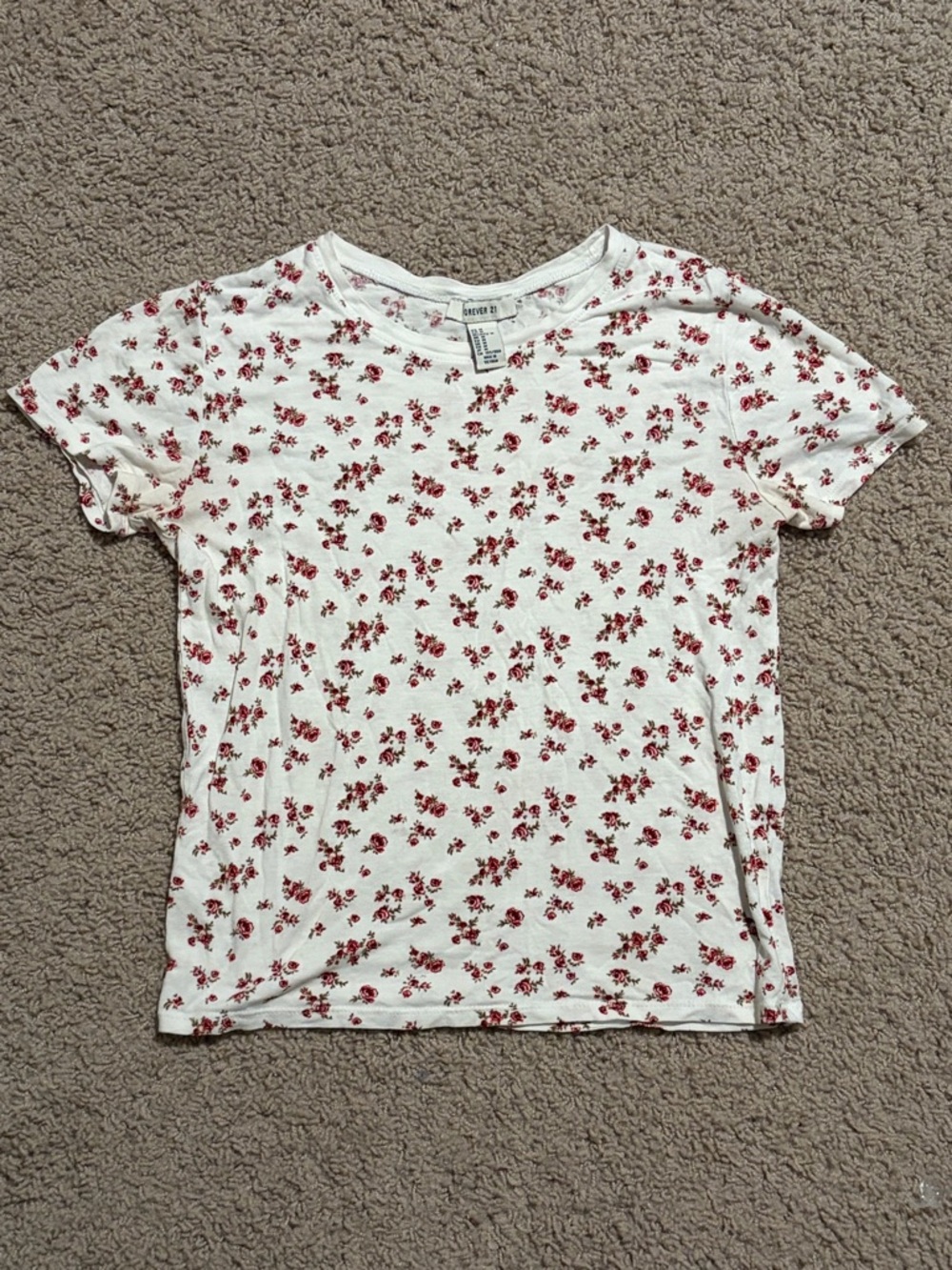 Forever 21 White Short Sleeve Tee with Red Floral Print